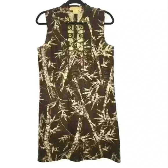Michael Michael Kors Lace Up Front Sleeveless Tropical Linen Print Shift Dress. - Picture 1 of 7